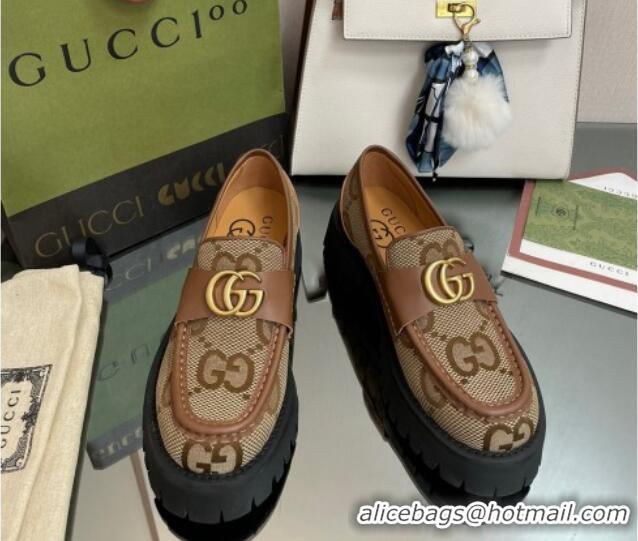 Low Price Gucci Jumbo GG Canvas Platform Loafers 4.5cm with GG Brown 025031