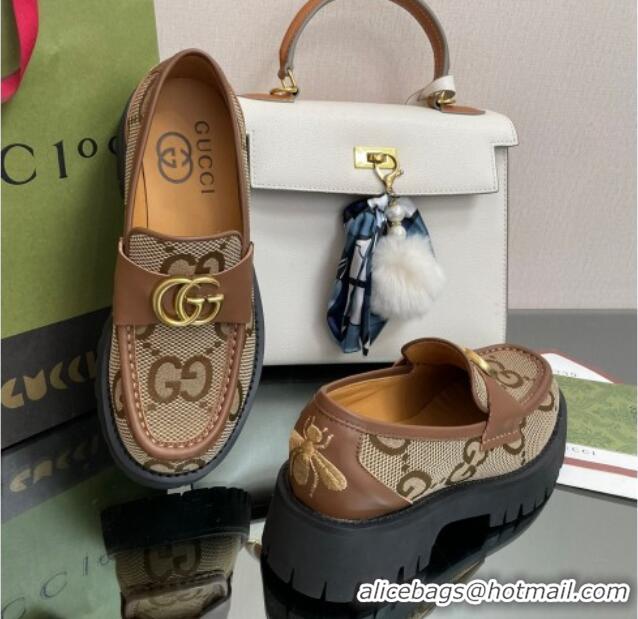 Low Price Gucci Jumbo GG Canvas Platform Loafers 4.5cm with GG Brown 025031