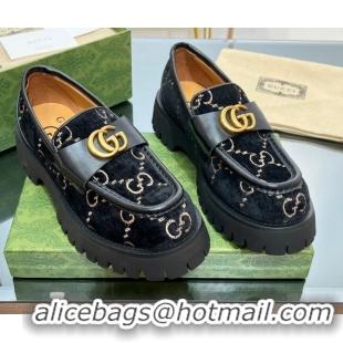 Popular Style Gucci GG Velvet Platform Loafers 4.5cm with GG Black 025032