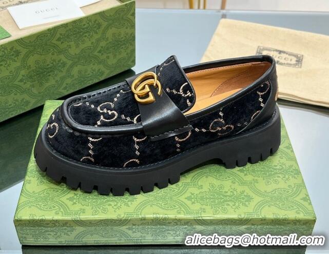 Popular Style Gucci GG Velvet Platform Loafers 4.5cm with GG Black 025032