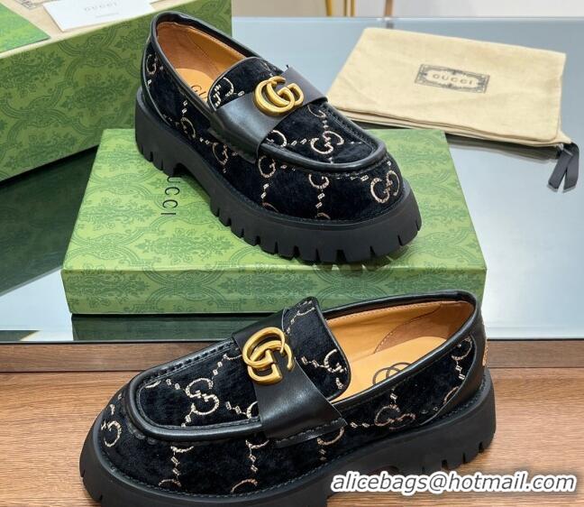 Popular Style Gucci GG Velvet Platform Loafers 4.5cm with GG Black 025032