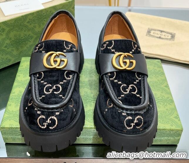 Popular Style Gucci GG Velvet Platform Loafers 4.5cm with GG Black 025032