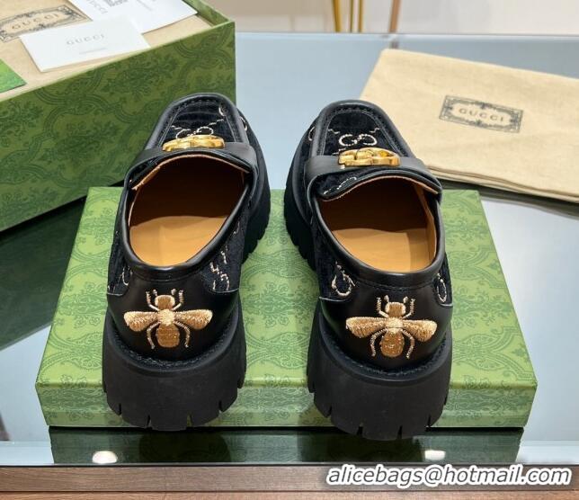 Popular Style Gucci GG Velvet Platform Loafers 4.5cm with GG Black 025032