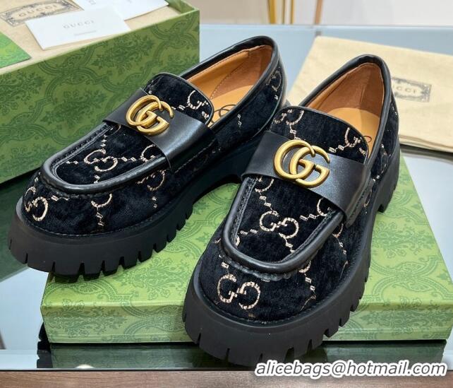 Popular Style Gucci GG Velvet Platform Loafers 4.5cm with GG Black 025032