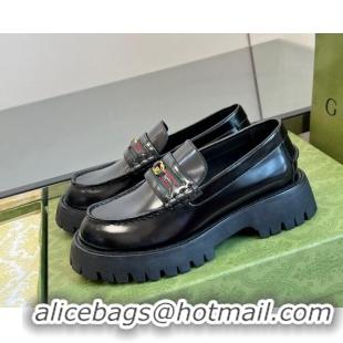 Purchase Gucci Shiny Leather Platform Loafers 3cm with Web and Interlocking G Black 025035