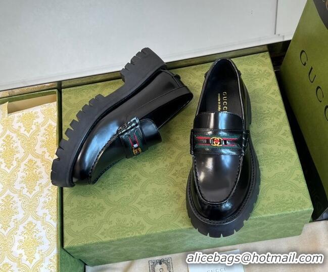 Purchase Gucci Shiny Leather Platform Loafers 3cm with Web and Interlocking G Black 025035