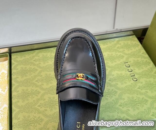 Purchase Gucci Shiny Leather Platform Loafers 3cm with Web and Interlocking G Black 025035