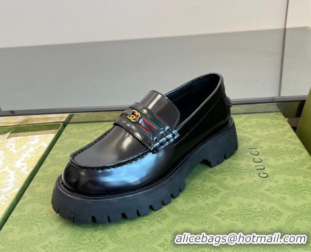 Purchase Gucci Shiny Leather Platform Loafers 3cm with Web and Interlocking G Black 025035