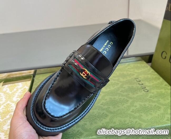 Purchase Gucci Shiny Leather Platform Loafers 3cm with Web and Interlocking G Black 025035