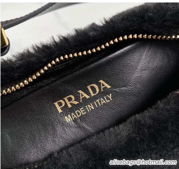 Famous Brand Prada Arque shearling and leather shoulder bag 1BC194 Black