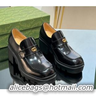 Most Popular Gucci Black Shiny Leather Pumps 5.5cm with Interlocking 025036