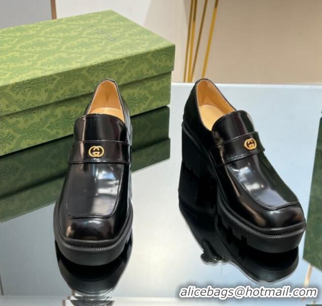 Most Popular Gucci Black Shiny Leather Pumps 5.5cm with Interlocking 025036