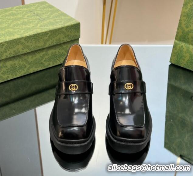 Most Popular Gucci Black Shiny Leather Pumps 5.5cm with Interlocking 025036