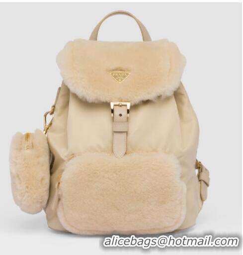 Good Product Prada Re-Nylon and shearling backpack 1BZ074 Desert Beige