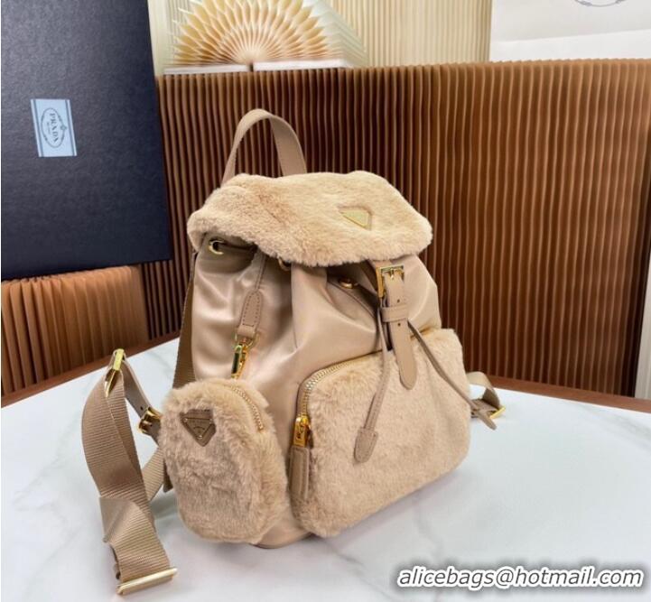 Good Product Prada Re-Nylon and shearling backpack 1BZ074 Desert Beige