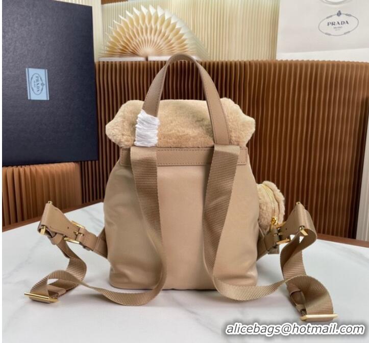 Good Product Prada Re-Nylon and shearling backpack 1BZ074 Desert Beige