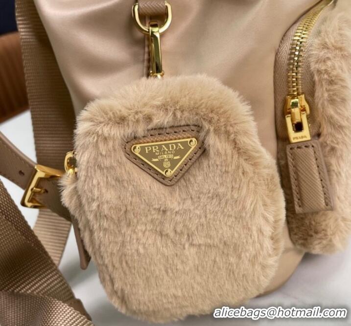 Good Product Prada Re-Nylon and shearling backpack 1BZ074 Desert Beige