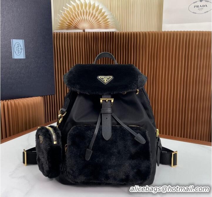 Top Quality Prada Re-Nylon and shearling backpack 1BZ074 black