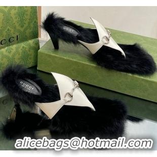 Lowest Price Gucci Horsebit Thong Heel Slide Sandals 5.5cm in Patent Leather and Wool White/Black 026112