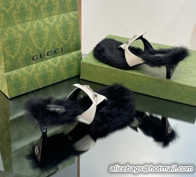 Lowest Price Gucci Horsebit Thong Heel Slide Sandals 5.5cm in Patent Leather and Wool White/Black 026112