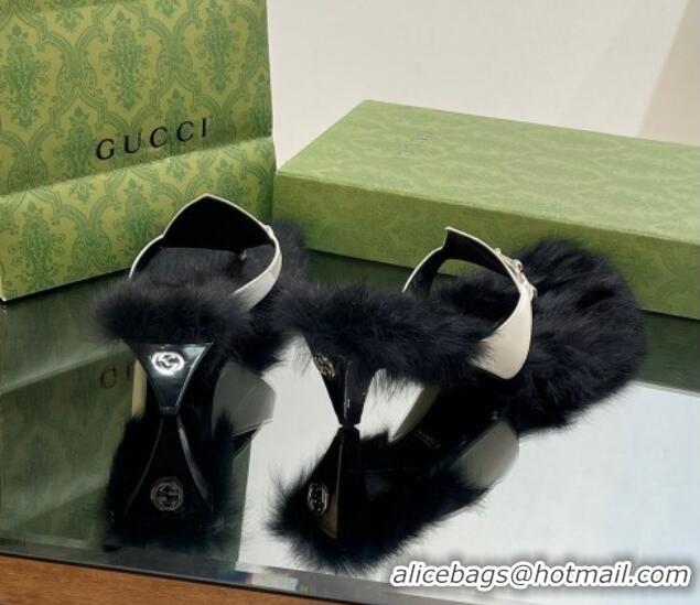 Lowest Price Gucci Horsebit Thong Heel Slide Sandals 5.5cm in Patent Leather and Wool White/Black 026112