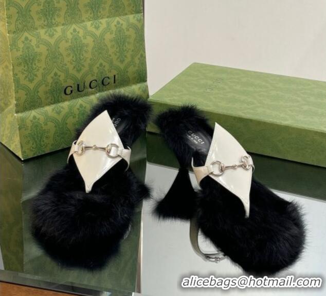 Lowest Price Gucci Horsebit Thong Heel Slide Sandals 5.5cm in Patent Leather and Wool White/Black 026112