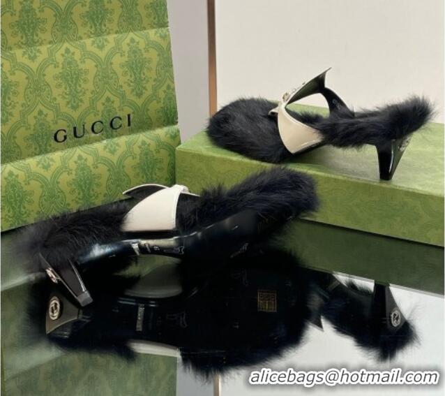 Lowest Price Gucci Horsebit Thong Heel Slide Sandals 5.5cm in Patent Leather and Wool White/Black 026112