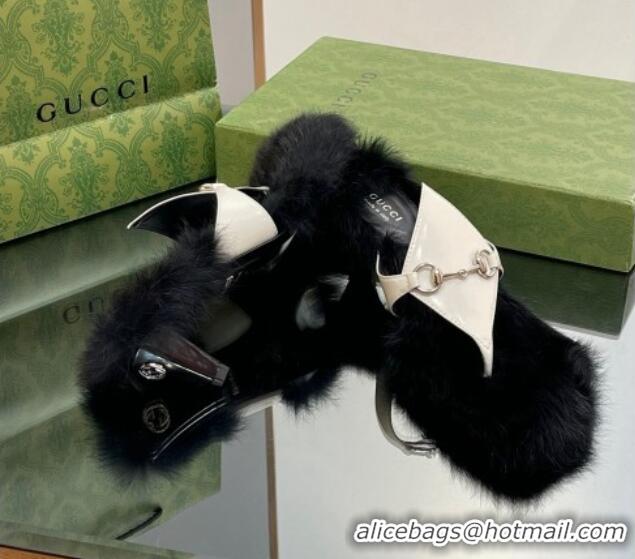 Lowest Price Gucci Horsebit Thong Heel Slide Sandals 5.5cm in Patent Leather and Wool White/Black 026112