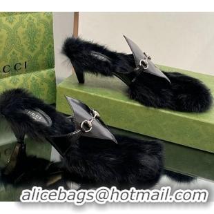 Luxury Discount Gucci Horsebit Thong Heel Slide Sandals 5.5cm in Patent Leather and Wool Black 026113