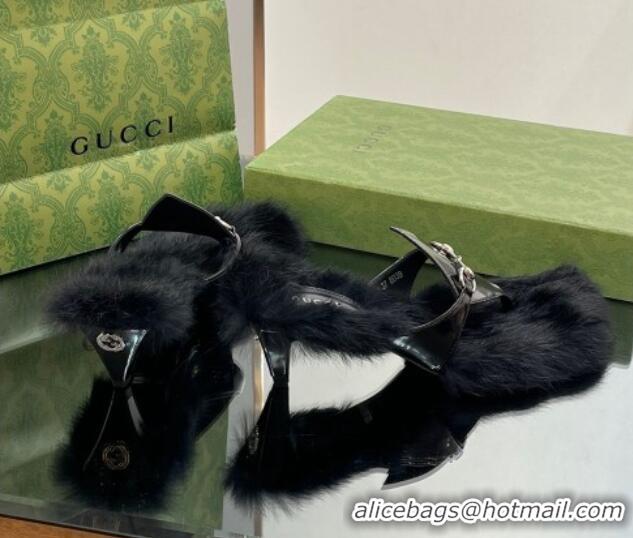 Luxury Discount Gucci Horsebit Thong Heel Slide Sandals 5.5cm in Patent Leather and Wool Black 026113