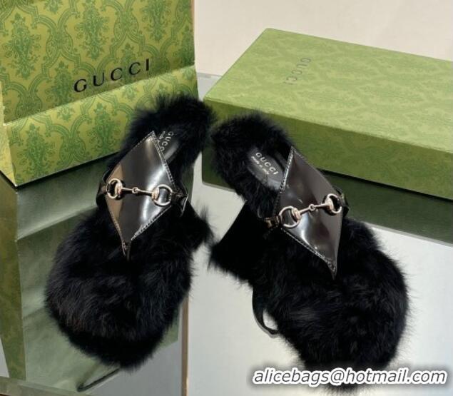 Luxury Discount Gucci Horsebit Thong Heel Slide Sandals 5.5cm in Patent Leather and Wool Black 026113