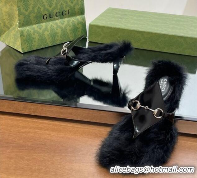 Luxury Discount Gucci Horsebit Thong Heel Slide Sandals 5.5cm in Patent Leather and Wool Black 026113