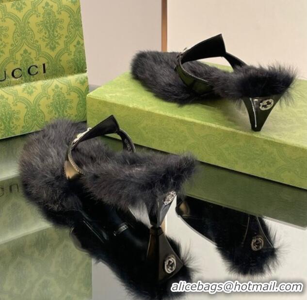 Luxury Discount Gucci Horsebit Thong Heel Slide Sandals 5.5cm in Patent Leather and Wool Black 026113