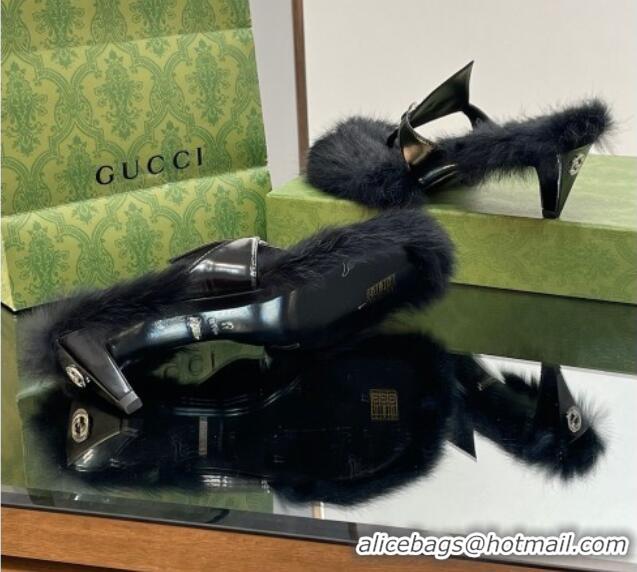 Luxury Discount Gucci Horsebit Thong Heel Slide Sandals 5.5cm in Patent Leather and Wool Black 026113