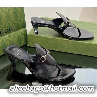 Luxury Gucci Horsebit Thong Heel Slide Sandals 5.5cm in Patent Leather 764197 Black 026114