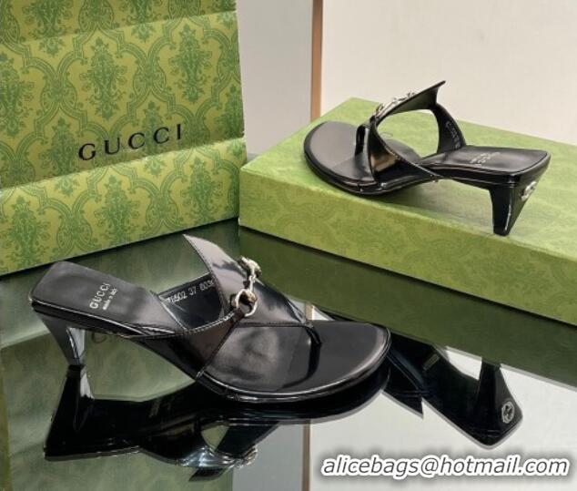 Luxury Gucci Horsebit Thong Heel Slide Sandals 5.5cm in Patent Leather 764197 Black 026114