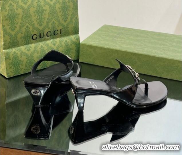 Luxury Gucci Horsebit Thong Heel Slide Sandals 5.5cm in Patent Leather 764197 Black 026114