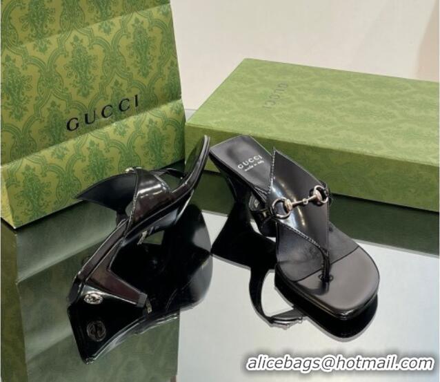 Luxury Gucci Horsebit Thong Heel Slide Sandals 5.5cm in Patent Leather 764197 Black 026114