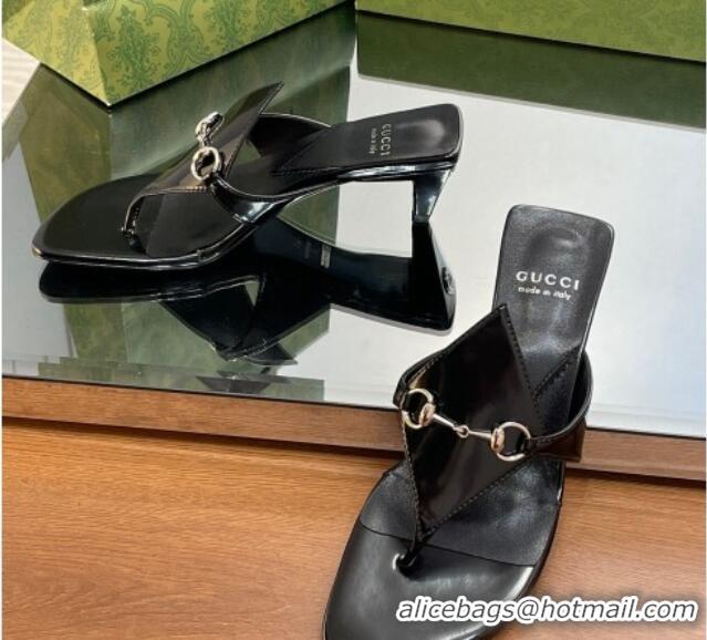 Luxury Gucci Horsebit Thong Heel Slide Sandals 5.5cm in Patent Leather 764197 Black 026114