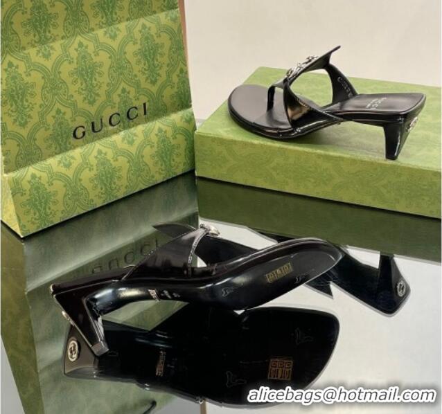 Luxury Gucci Horsebit Thong Heel Slide Sandals 5.5cm in Patent Leather 764197 Black 026114