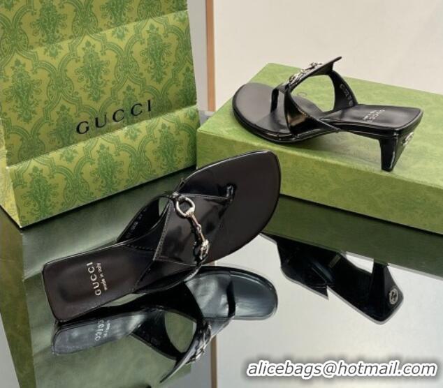 Luxury Gucci Horsebit Thong Heel Slide Sandals 5.5cm in Patent Leather 764197 Black 026114