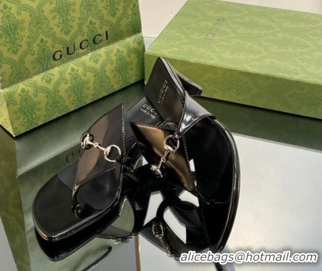 Luxury Gucci Horsebit Thong Heel Slide Sandals 5.5cm in Patent Leather 764197 Black 026114