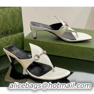 Perfect Gucci Horsebit Thong Heel Slide Sandals 5.5cm in Patent Leather 764197 White/Black 026115