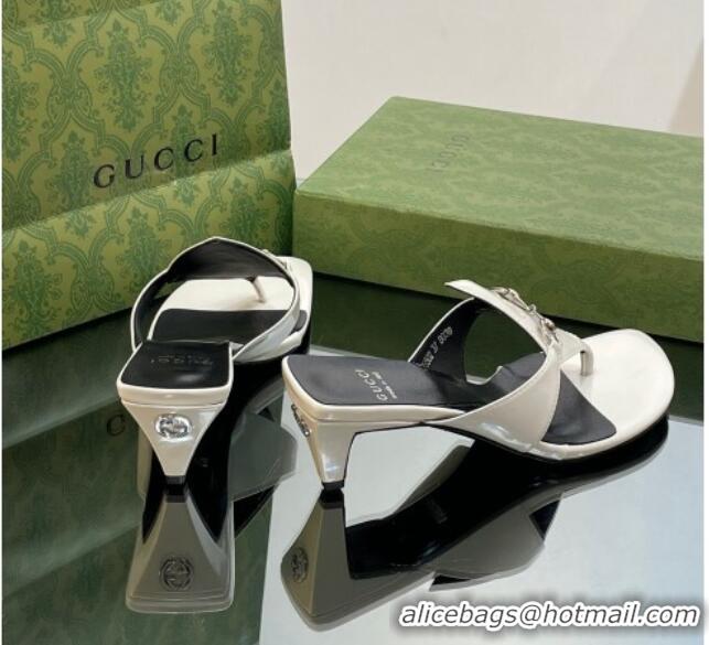 Perfect Gucci Horsebit Thong Heel Slide Sandals 5.5cm in Patent Leather 764197 White/Black 026115