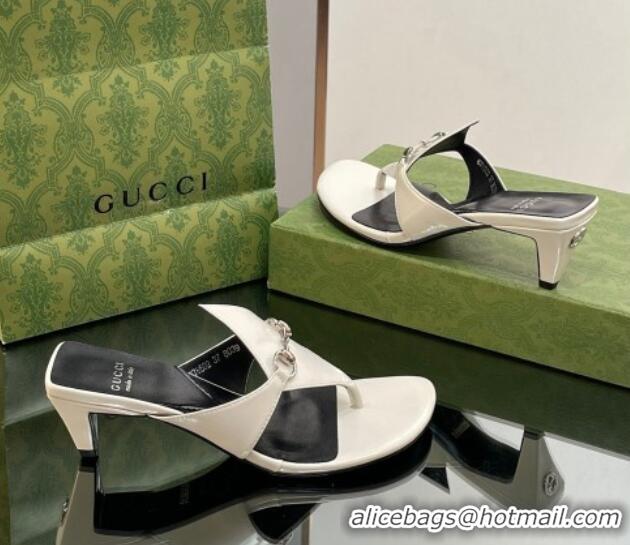 Perfect Gucci Horsebit Thong Heel Slide Sandals 5.5cm in Patent Leather 764197 White/Black 026115