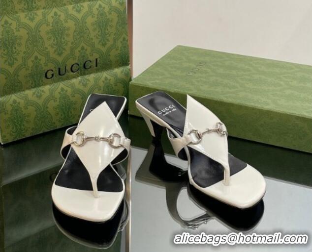 Perfect Gucci Horsebit Thong Heel Slide Sandals 5.5cm in Patent Leather 764197 White/Black 026115