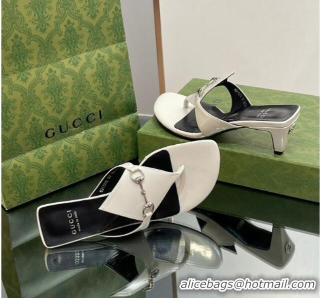 Perfect Gucci Horsebit Thong Heel Slide Sandals 5.5cm in Patent Leather 764197 White/Black 026115