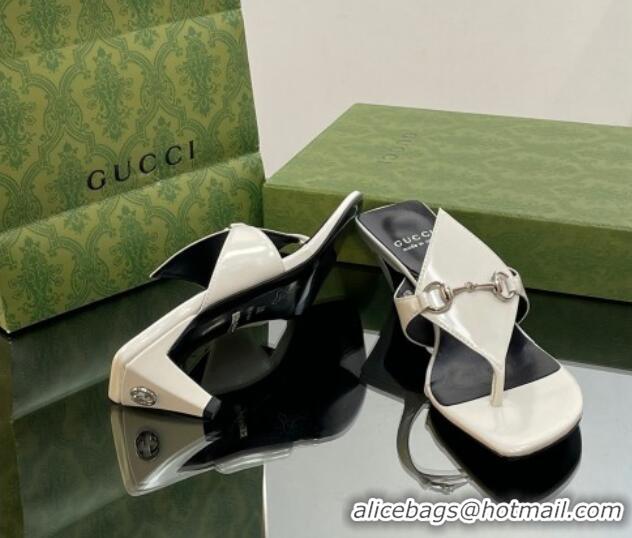 Perfect Gucci Horsebit Thong Heel Slide Sandals 5.5cm in Patent Leather 764197 White/Black 026115