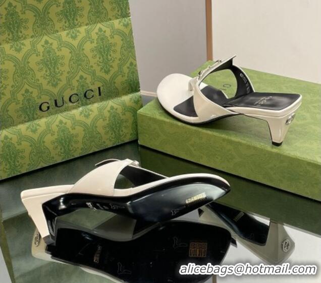 Perfect Gucci Horsebit Thong Heel Slide Sandals 5.5cm in Patent Leather 764197 White/Black 026115