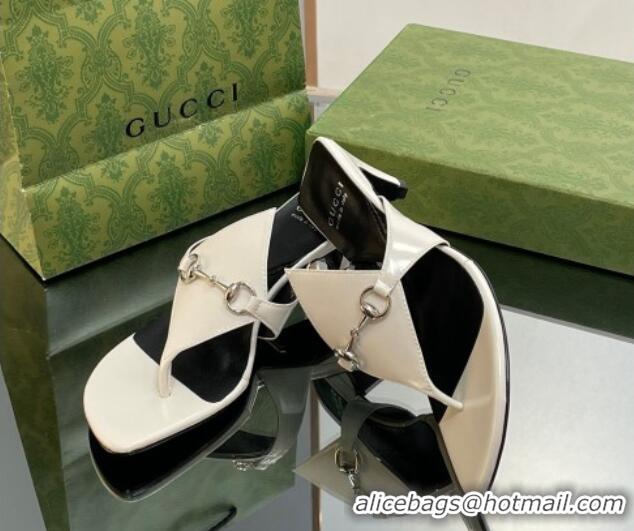 Perfect Gucci Horsebit Thong Heel Slide Sandals 5.5cm in Patent Leather 764197 White/Black 026115